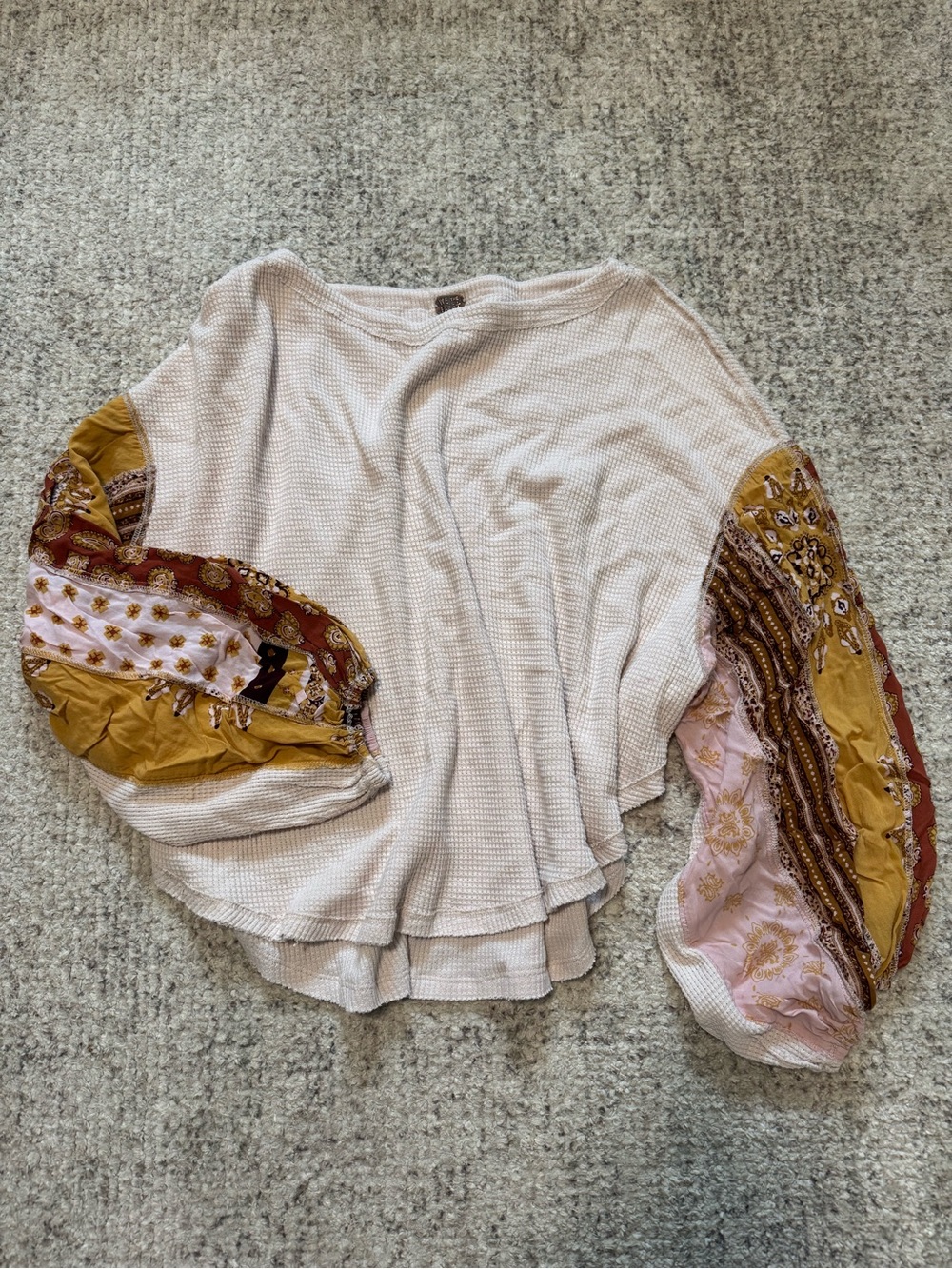 We The Free Cream Waffle Knit Top with Mustard & Blush Printed Balloon Sleeves